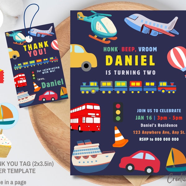 Transportation Birthday Invitation Template with free Thank you Tag | Kids Vehicle Party Invitation, Vehicle Birthday Invitation Template