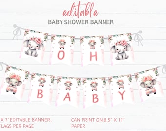 Mall för elefantbabyshowerbanderoll, rosa elefantbabyshowerbanderoll, redigerbar babyshowerbanderoll för flicka, elefantbabyshower
