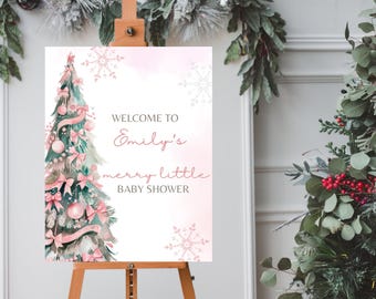 Christmas Tree Baby Shower Welcome Sign Template, A Merry Little Pink Baby Shower Welcome Sign, Pink Bow Christmas Baby Shower Welcome Sign
