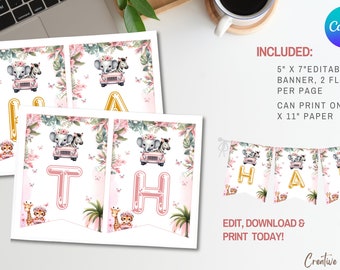 Safari Birthday Girl Party Banner Template, Wild One Birthday Party Banner, Jungle Animals Party Banner, Safari  Birthday Banner for Girl