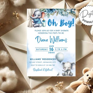 Editable Elephant Baby Shower Invitation, Baby Boy Elephant Invitation, Safari Animal Baby Boy Invite, Baby Shower Elephant Theme Invite