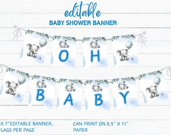 Plantilla de banner de baby shower de elefante, banner de baby shower de elefante azul, banner de baby shower de elefante editable, baby shower de elefante