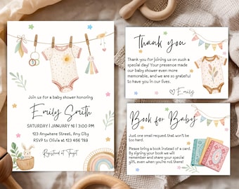 Boho Baby Shower Invitation Set Template, Boho Clothesline Baby Shower Invite, Minimalist Boho Rainbow Baby Shower Invitation Card Editable
