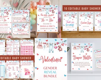 Valentines Gender Reveal Bundle Template, Valentine He or She Gender Reveal Decor Bundle, Clothesline Love Month Gender Reveal Invite Set