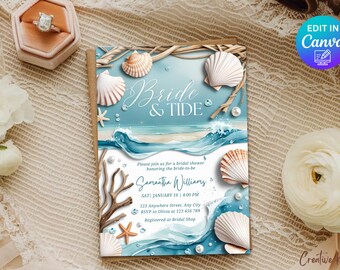 Beach Bridal Shower Invitation Template: Coastal Bride & Tide (5x7 Digital Download)