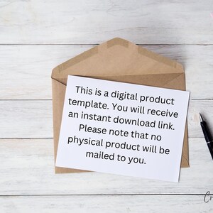 May include: A kraft paper envelope with a white card inside, displaying text about a digital product template and instant download. A black pen and a stack of pink and white envelopes are also visible.