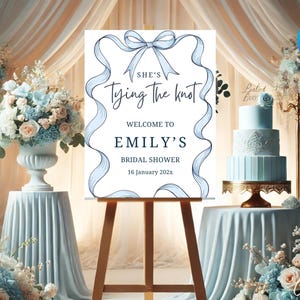 Minimalist Bridal Shower Welcome Sign Template, She's Tying the Knot Bridal Shower Welcome Sign, Minimalist Blue Bow Bridal Shower Decor