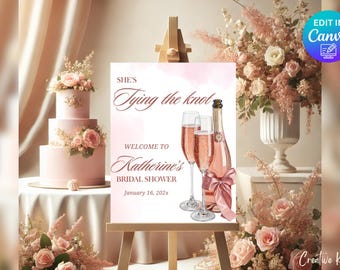 Bridal Shower Welcome Sign Template, She's Tying the Knot Bridal Shower Welcome Sign, Pink Bow Bridal Shower Sign, Champagne Bridal Shower