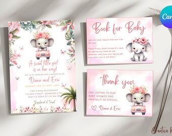 Editable Elephant Baby Shower Invitation Set, Baby Girl Elephant Invitation Set, Safari Animal Baby Girl Invite, Baby Shower Elephant Theme