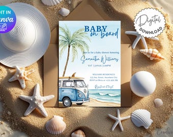 May include: Baby shower invitation with a beach theme. The invitation features a blue and white VW bus with a surfboard, palm trees, and the text "Baby on Board." The invitation is surrounded by sand, seashells, and a white sun hat.