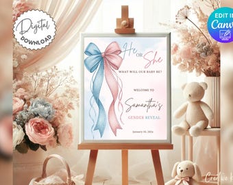 Pink and Blue Bow Gender Reveal Welcome Sign Template, He or She Ribbon Baby Shower Decor, Coquette Baby Shower Sign, Editable Canva