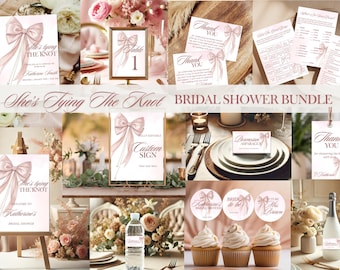 Pink Bow Bridal Shower Bundle Template, She's Tying the Knot Bridal Shower Invitation Set, Minimalist Pink Bow Bridal Shower Decor Bundle