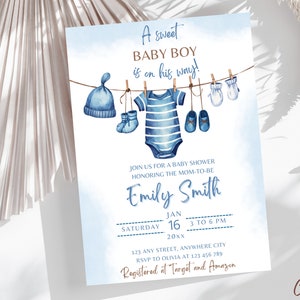 Bearbeitbare Baby Boy-Babyparty-Einladung, Wäscheleine Baby Boy-Babyparty-Einladung, Baby-Kleidung-Babyparty-Einladung, ein süßer kleiner Junge