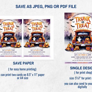 Puede incluir: Impresi&oacute;n digital con tem&aacute;tica de Halloween que presenta una camioneta naranja llena de calabazas y un fantasma, con el texto "Trunk or Treat". El dise&ntilde;o incluye murci&eacute;lagos, &aacute;rboles y los detalles del evento.