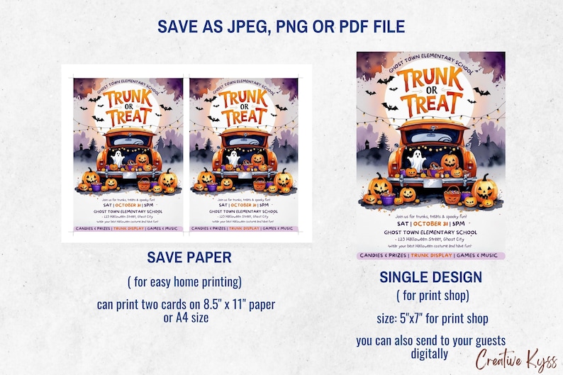 Puede incluir: Impresi&oacute;n digital con tem&aacute;tica de Halloween que presenta una camioneta naranja llena de calabazas y un fantasma, con el texto "Trunk or Treat". El dise&ntilde;o incluye murci&eacute;lagos, &aacute;rboles y los detalles del evento.