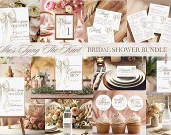 White Bow Bridal Shower Bundle Template, She's Tying the Knot Bridal Shower Invitation Set, Minimalist White Bow Bridal Shower Decor Bundle