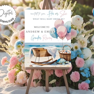 Summer Gender Reveal Welcome Sign Template, Excited to Sea Gender Reveal Welcome Sign, Beach Gender Reveal, Balloon He or She Gender Sign