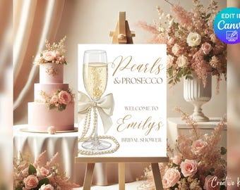 Pearls and Prosecco Bridal Shower Welcome Sign Template, White Pearl Bridal Shower Welcome Sign, White Bow Bridal Shower Welcome Sign