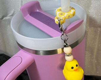 Light sunflower silicone straw dangler. Cream round silicone beads with yellow rubber ducky + gold rhinestones . Personalize your tumbler!