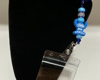 Blue Beaded “Ohana Means Family” lanyard with clear ID sleeve