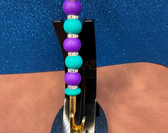 Purple medium silicone rounds alligator clip extra hand jewelry helper with medium silicone teal rounds + AB finish rhinestone spacers.