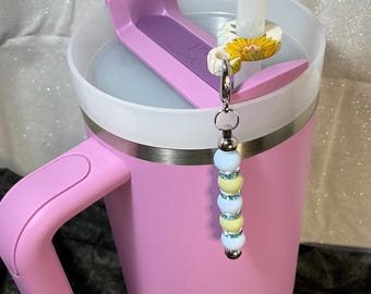 Retro flowers silicone straw dangler. Pale blue & olive green round petite silicone beads with light blue rhinestones.