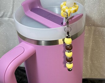 Light sunflower silicone straw dangler. Pale Yellow & brown round silicone beads with peach rhinestone spacers. Dress up your tumbler!