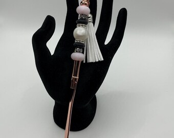 Rose gold Beaded letter opener with metal clip and white tassel