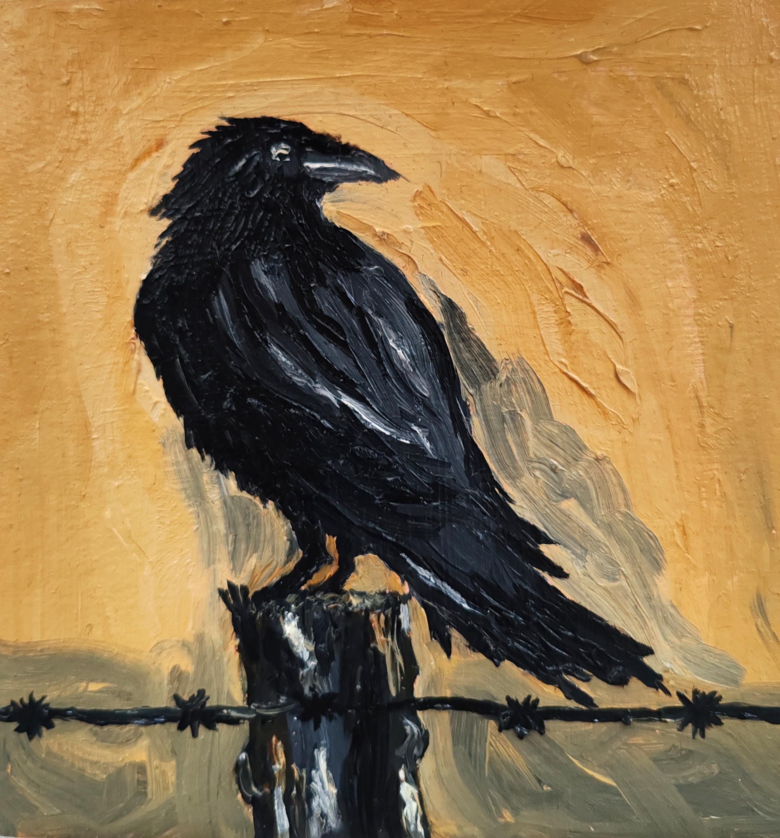 Original Raven Oil Painting: Black Crow on Cardboard, Halloween