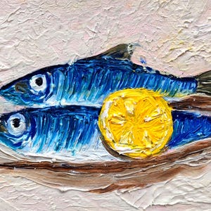 Original Sardine Oil Painting: Coastal Kitchen Wall Art (4x6 inches)