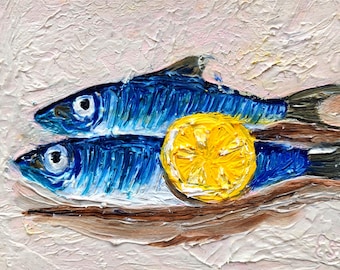 Original Sardine Oil Painting: Coastal Kitchen Wall Art (4x6 inches)