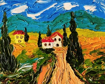 Tuscany Oil Painting: Italian Village Landscape, Impasto Art
