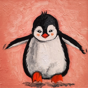 Penguin Oil Painting Wall Art, Bird Oil Painting, Cute Animal Painting, Antarctic Animal Art, Wildlife Lover Gift, Bird Lover Gift