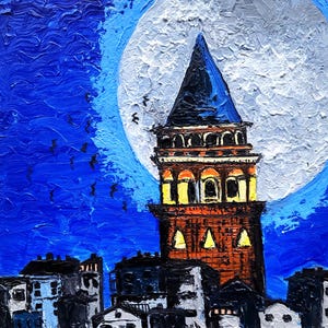 Hand-Painted Istanbul Oil Painting: Galata Tower, Blue Sky Art, Full Moon, Textured Impasto Art