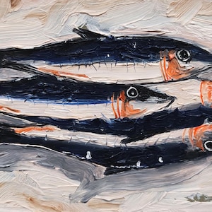 Original Sardine Oil Painting: Nautical Kitchen Art
