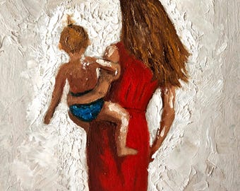 Mother and Baby Oil Painting: Textured Impasto Art, Motherhood Gift