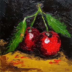 Original Cherry Oil Painting Impasto Semi Abstract Art, Rustic Fruit Wall Art, Vintage Style Wall Decor, Still Life Fruit Art by EsenOilArt