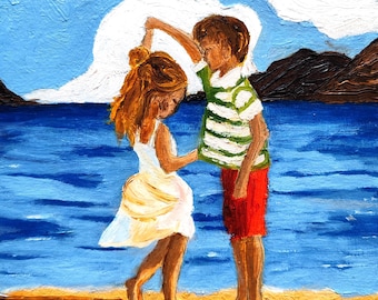 Handmade Beach Kids Oil Painting: Dancing Couple Coastal Art (6x7.48 inches)