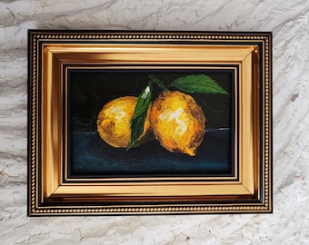 Vintage Lemon Oil Painting: Hand-Painted Still Life, Framed Kitchen Art (4x6)