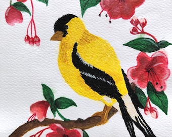 Yellow Goldfinch Watercolor Painting: Bird and Floral Fine Art