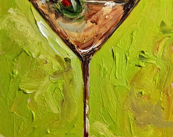 Dirty Martini Oil Painting, Original Abstract Still Life, Impasto Cocktail Art, Olive Martini Glass, Mini Bar Wall Art, Apartment Decor