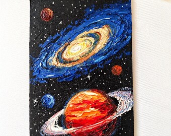Galaxy Oil Painting – Small Nebula Space Artwork on Cardboard – 10x15cm (4x6 inch) – Handmade Starry Night Wall Art