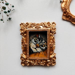 Mini Hand Painted Cat Oil Painting in Ornate Gold Frame, VictorianSleeping Cat Artwork, Victorian framed cat painting , Cat Lover Gift