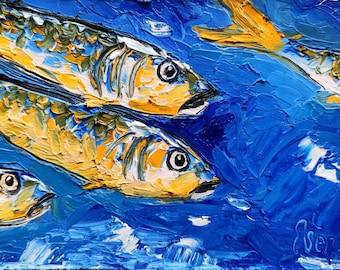 Original Sardine Oil Painting: Coastal Kitchen Wall Art (4x6 inches)