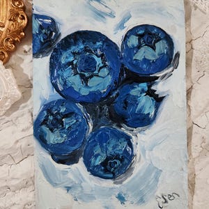 Original Blueberry Oil Painting: Impasto Still Life, Rustic Kitchen Art