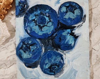 Original Blueberry Oil Painting: Impasto Still Life, Rustic Kitchen Art