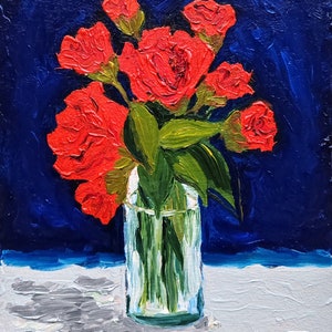 Original Red Rose Oil Painting: Flower Bouquet in a Vase, Floral Still Life (8x6 Inch)