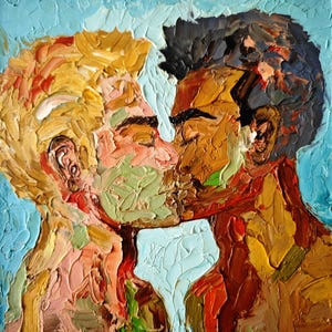 Impasto Gay Kiss Oil Painting: Textured LGBTQ+ Couple Art