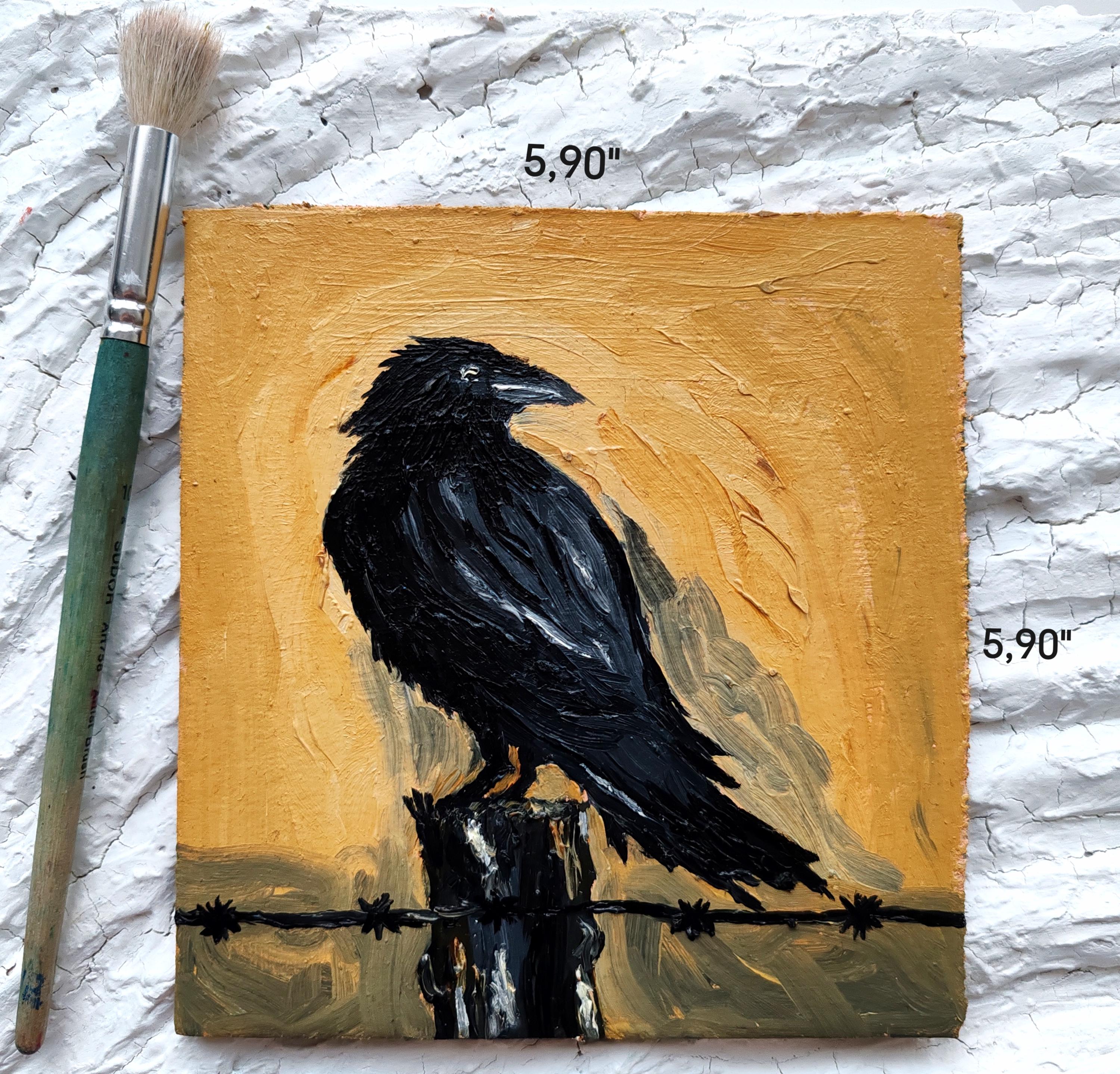 Original Raven Oil Painting: Black Crow on Cardboard, Halloween