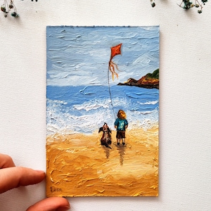Hand-Painted Boy Flying Kite Oil Painting: Beach Seaside Miniature Art (4x6 inch)